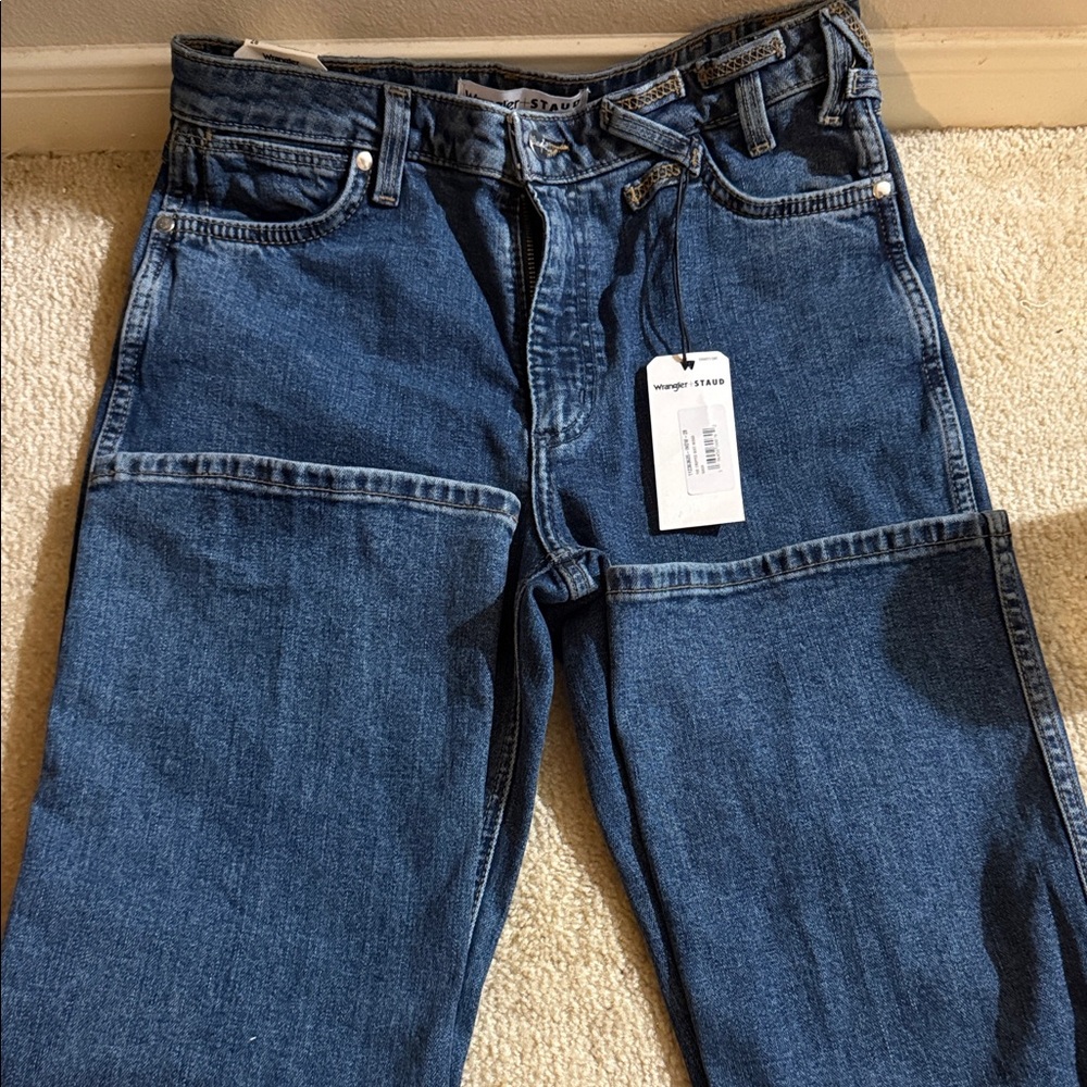 Wrangler Staud Collab Women's Cropped Boot Cut Jeans in Indigo Blue size 28 - Picture 10 of 11